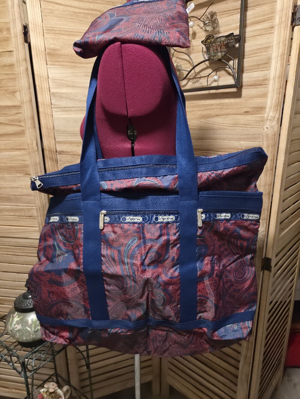 LeSportsac Blue/Maroon Paisley Tote Plus Cosmetic Bag